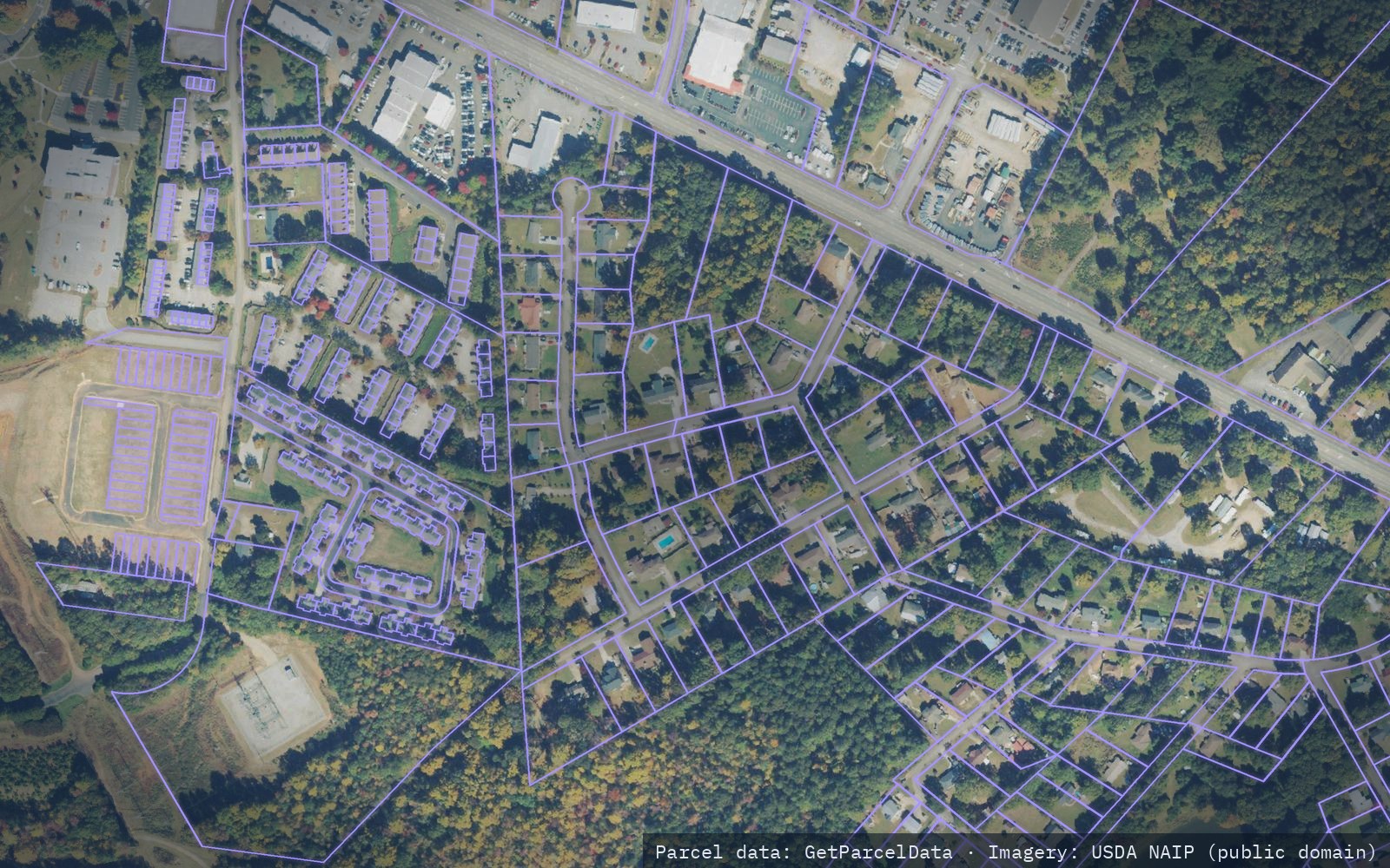 Parcel boundaries drawn over aerial imagery of a neighbourhood in Hall County, Georgia