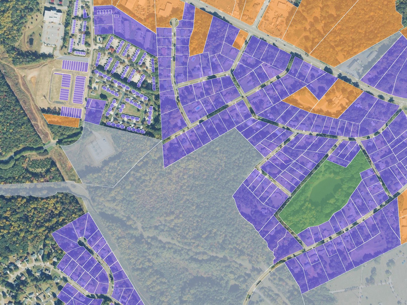 Parcels shaded by land-use category over aerial imagery in Hall County, Georgia
